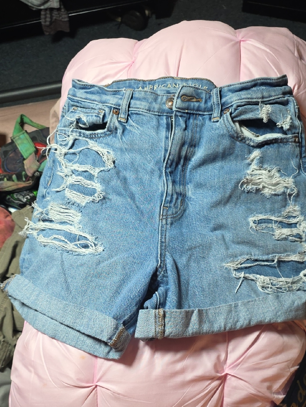 American Eagle Outfitters Light Blue Distressed Rolled-Hem Jean Shorts